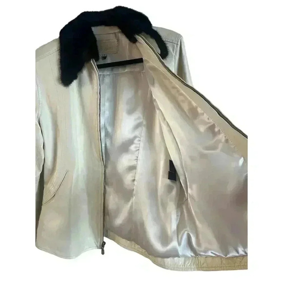 Ira Hoss Women’s 100% Leather Jacket Genuine Mink Collar Ivory Zip Up Size M - Picture 10 of 12